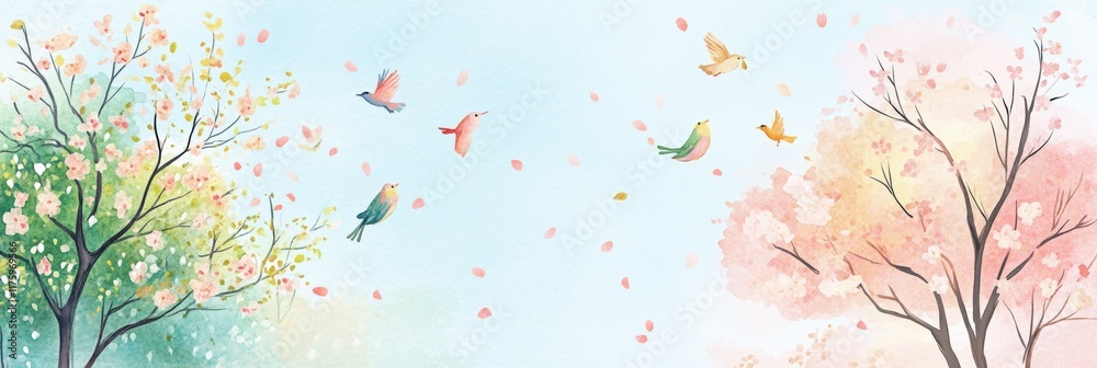 Aufkleber hand drawn doodle depicting a serene spring landscape with blooming trees and birds in flight. gener