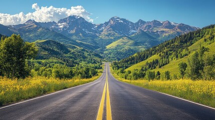 Naklejka premium A scenic road stretches through lush green hills and majestic mountains under a clear blue sky.