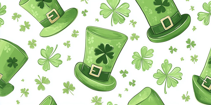 Seamless pattern of green leprechaun hats and shamrocks on a white background. St. Patrick’s Day themed illustration with repeating festive elements.