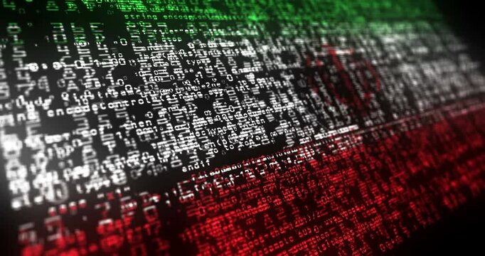 Iran USA flag waving secure code. Iranian blowing banner cyber security attack and hack concept animation.