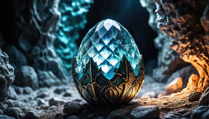 Crystalline egg resting within a mysterious cave illuminated by soft blue and orange lights