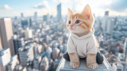 Orange kitten stands on the roof of a tall building wearing a white sweatshirt and black pants while smiling towards the camera