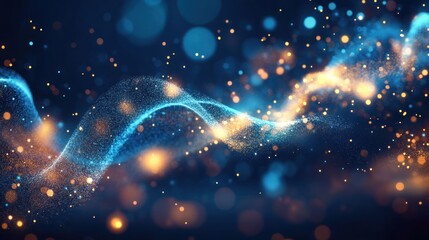 Abstract Blue and Gold Light Waves with Sparkles on Dark Background for Backgrounds, Textures, and Visual Effects in Creative Projects