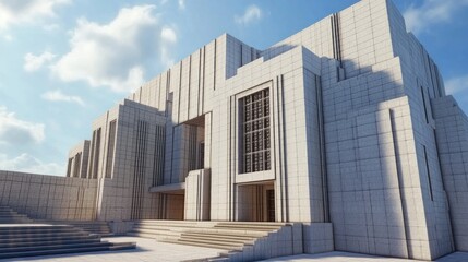 Obraz premium Modern architectural building exterior, sunlight, stairs, concrete facade.