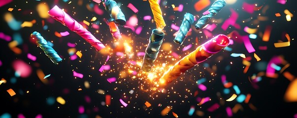 Party popper emoji exploding with colorful confetti and glowing streamers