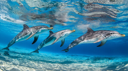 Obraz premium Playful dolphins swimming gracefully in crystal-clear tropical waters.