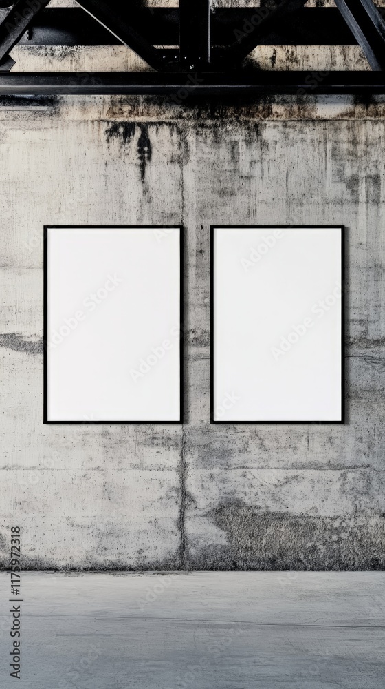Poster Two empty vertical frames with black borders are hanging on a gray concrete wall in an industrial building with a metal beam overhead, providing a space for design and customization