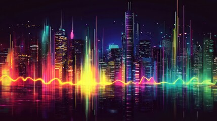 Vibrant Digital Soundwave Visualization Over a Futuristic Skyline Reflecting Lights and Colors, Showcasing City Life and Modern Technology Wonder