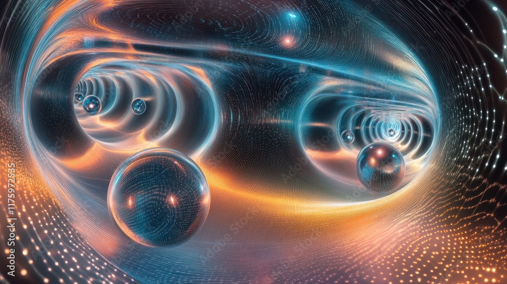 Poster abstract digital art featuring flowing patterns with glowing spheres and intricate light trails, cre