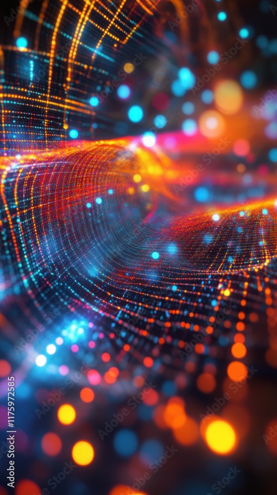 Poster abstract swirling light patterns in vibrant colors with bokeh effect and glowing particles represent