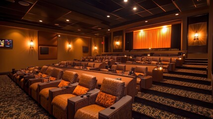 Naklejka premium Luxurious empty movie theater with plush seating and warm lighting.
