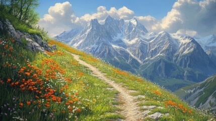Fototapeta premium Mountain trail with wildflowers and snow-capped peaks.