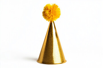 Shiny gold party hat with a playful pom isolated on a white background