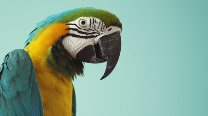 Parrot Macaw wearing sunglasses on a colorful background