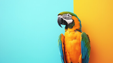 Parrot Macaw wearing sunglasses on a colorful background