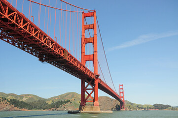 Golden Gate Bridge spans San Francisco Bay under a clear blue sky