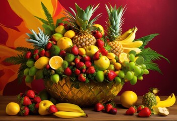 vibrant arrangement floating fresh fruits dynamic colorful background exuding freshness healthy vibes, apple, banana, cherry, grapes, orange, lemon, kiwi
