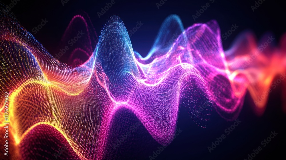Poster colorful abstract waves of light creating dynamic visual patterns on a dark background for use in cr