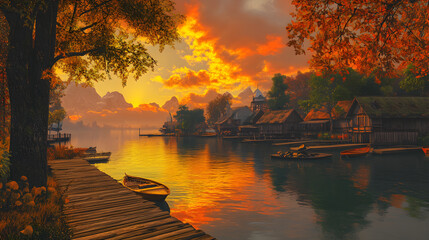 Serene Sunset Over Tranquil Lakeside: A Peaceful Reflection