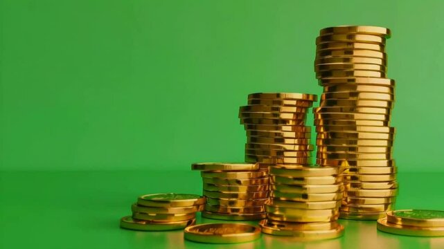 several stacks of golden coins against a green background