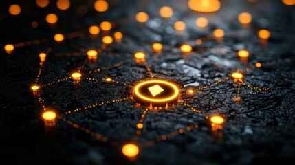 Glowing network nodes on dark surface.