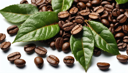 Fototapeta premium Coffee beans and fresh leaves arranged artistically on a flat surface