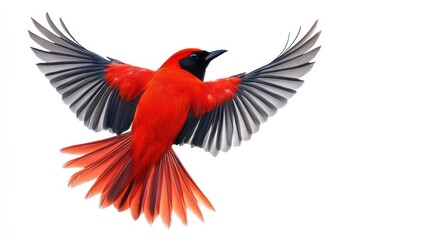 Obraz premium A vibrant red bird with black wings and a short black beak, isolated on a white background. This image symbolizes freedom, beauty, nature, and wildlife