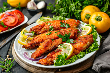Plate of fish with lemon slices and parsley on top