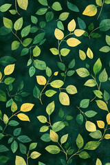 A pattern of green and yellow leaves on a dark green background