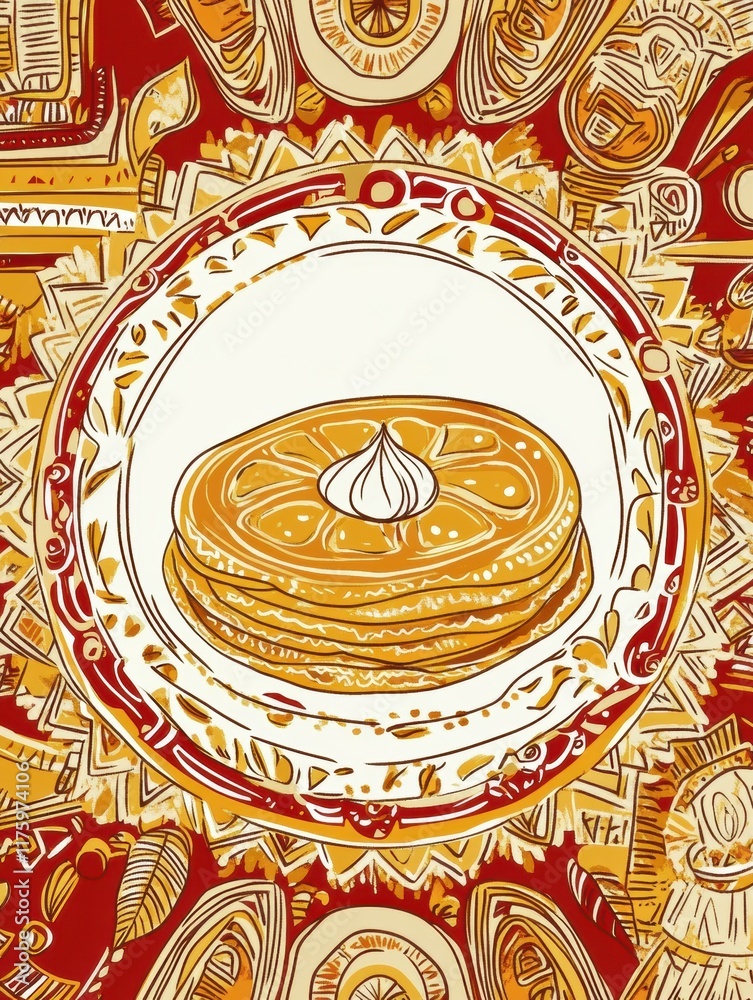 Poster Doodle capturing a plate of stacked pancakes with syrup and a dollop of cream in vibrant colors and intricate patterns. Generative AI