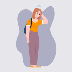 Student Girl With Backpack Feels Embarrassed or Worried or Panic or Apologize. Concept of Female Character Education, woman Back to School, College Or University. Cartoon Vector Illustration