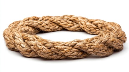 Obraz premium Twisted natural fiber rope arranged in a circle on white background.
