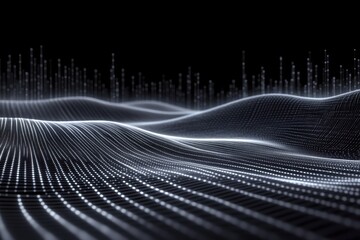 Futuristic abstract digital waveforms with particle network on black background