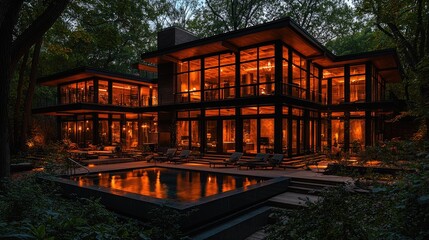 Fototapeta premium Modern Glass House Illuminated At Night In Wooded Setting