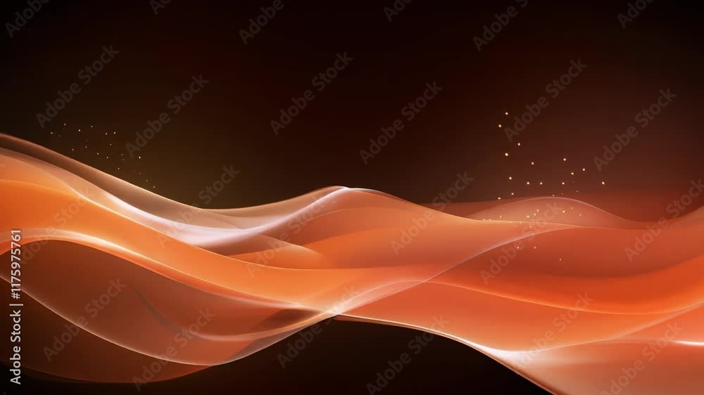 Poster Smooth orange waves are flowing elegantly on a dark background, with sparkling particles adding a touch of magic and brilliance to the scene
