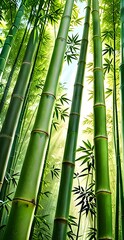 Serene bamboo forest background for mobile wallpaper with natural sunlight filtering through lush...