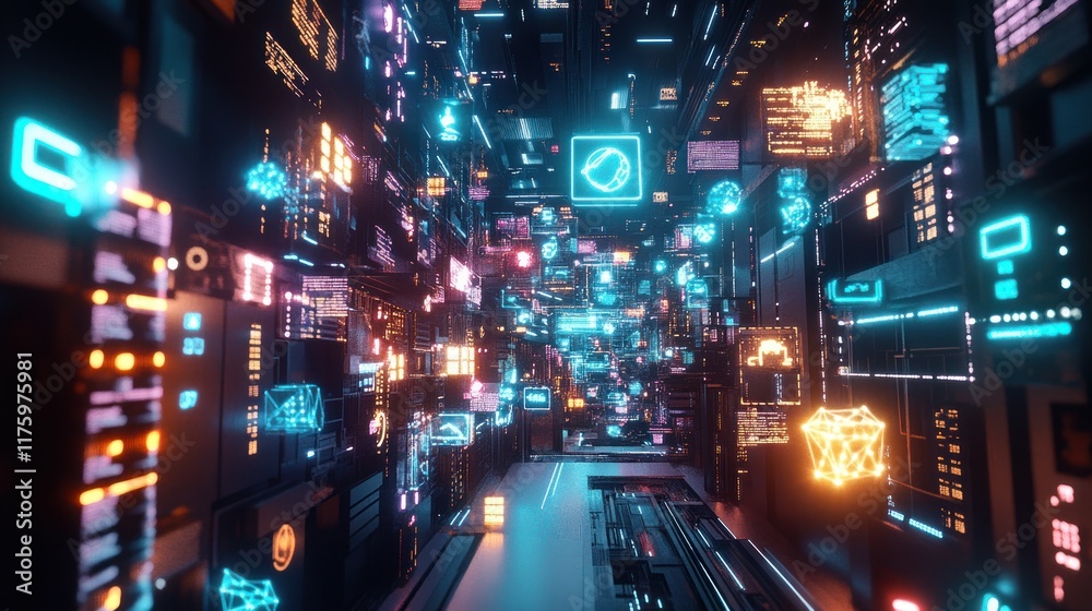 Poster futuristic digital landscape with neon lights and glowing data streams, showcasing a high-tech abstr