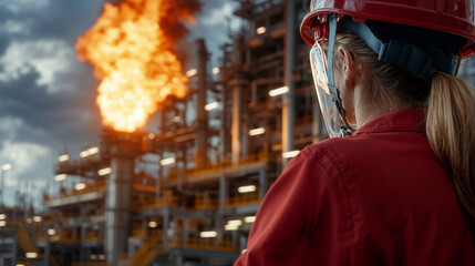 Industrial worker in red uniform near factory with flame tower.Safety and training banner for industrial campaigns and promotions.Strength, vigilance, and the resilience of industrial professions.


