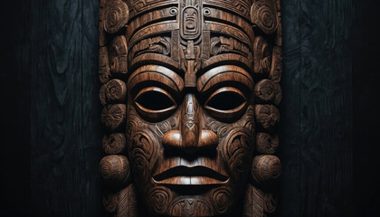 Intricate wooden carving of a tribal mask displayed in a dark environment highlighting cultural artistry