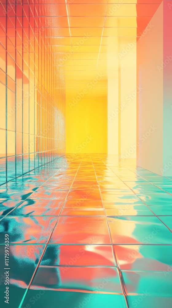 Poster abstract corridor with colorful reflections and glossy floor creating a surreal atmosphere of light 