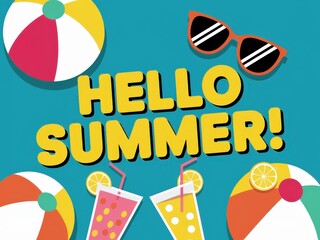 Hello summer! Colorful beach balls and refreshing drinks for fun