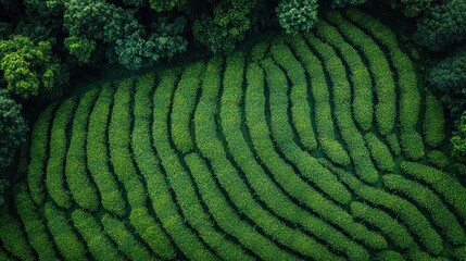 Fototapeta premium Aerial view of lush green tea terraces showcasing agricultural patterns.