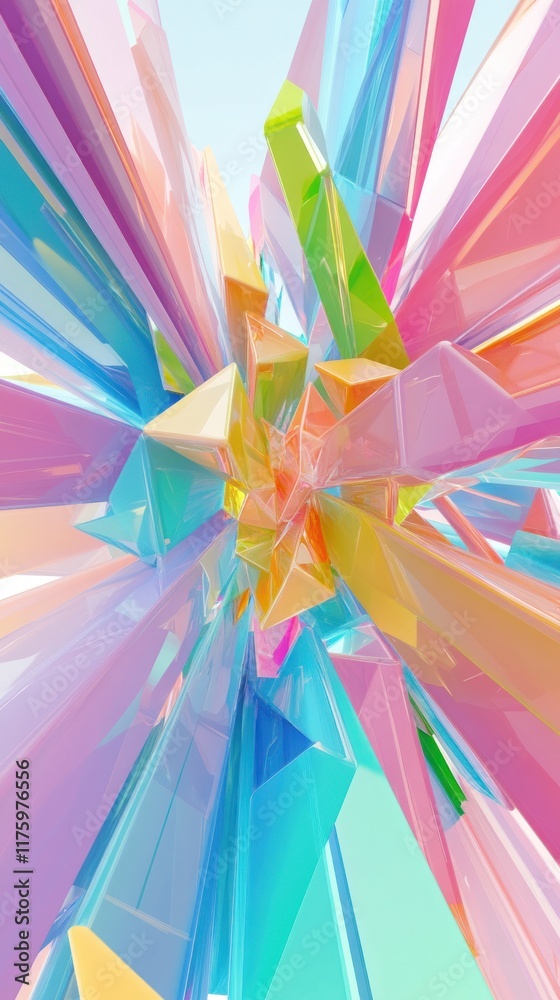 Poster abstract color explosion with vibrant, crystalline shapes radiating light in a dynamic display of tr