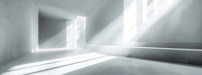 Fototapeta premium Sunlit minimalist interior space with clean lines and bright light streaming through windows