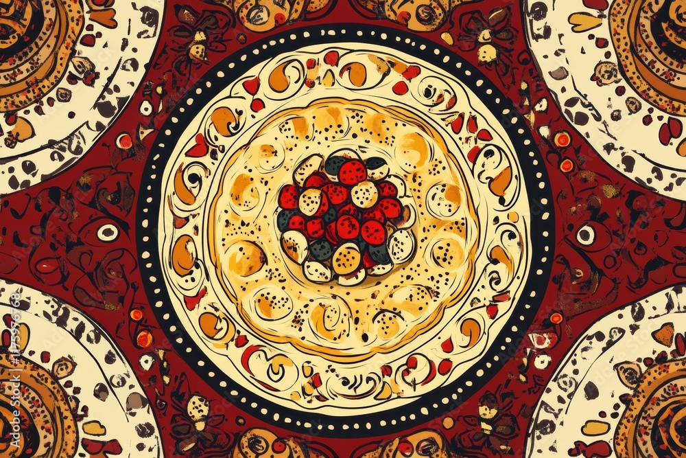 Poster colorful hand drawn doodle of a decorative circular dish with fruits and patterns on a textured back