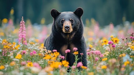 Fototapeta premium Black Bear Amidst Vibrant Wildflower Meadow