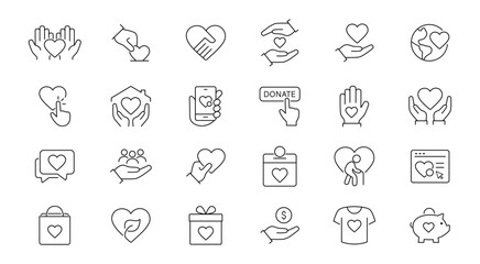 Charity thin line icon set. Containing charity, charitable donation, volunteer, helping hand, heart shape, donation box, fundraising. Vector illustration. 