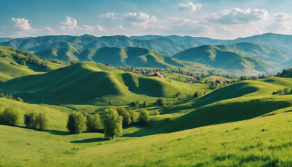 Obraz premium Lush green hills reveal a tranquil landscape under a bright blue sky in the countryside at midday