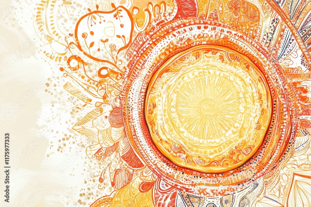 Poster hand drawn doodle depicting a vibrant sun surrounded by intricate patterns and warm colors in a sunn