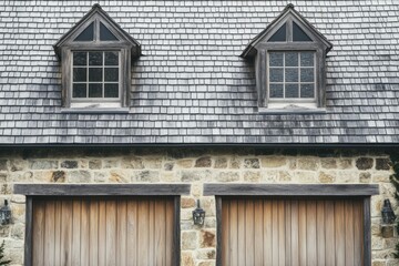 Obraz premium Charming rustic garage with wooden doors and gabled windows in a serene countryside setting, showcasing natural stone and vintage architecture during overcast weather